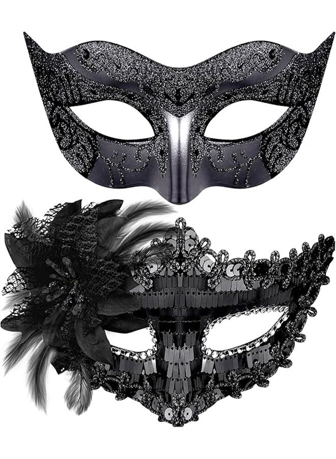 Ba Love 2 Pcs Couple Masquerade Mask Set Venetian Party Mask Mardi Gras Mask Costume Mask Fancy Dress Mask for Women Men (Black) - Image 1